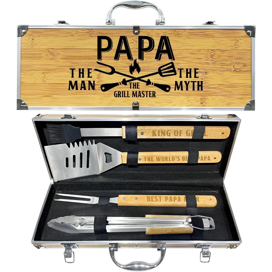 Papa Gifts from Grandkids Gift for Papa Fathers Day Heavy Duty Wooden BBQ Grilling Accessories Kit for Backyard Thick Stainless