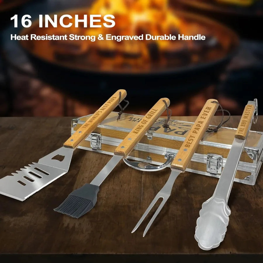 Papa Gifts from Grandkids Gift for Papa Fathers Day Heavy Duty Wooden BBQ Grilling Accessories Kit for Backyard Thick Stainless