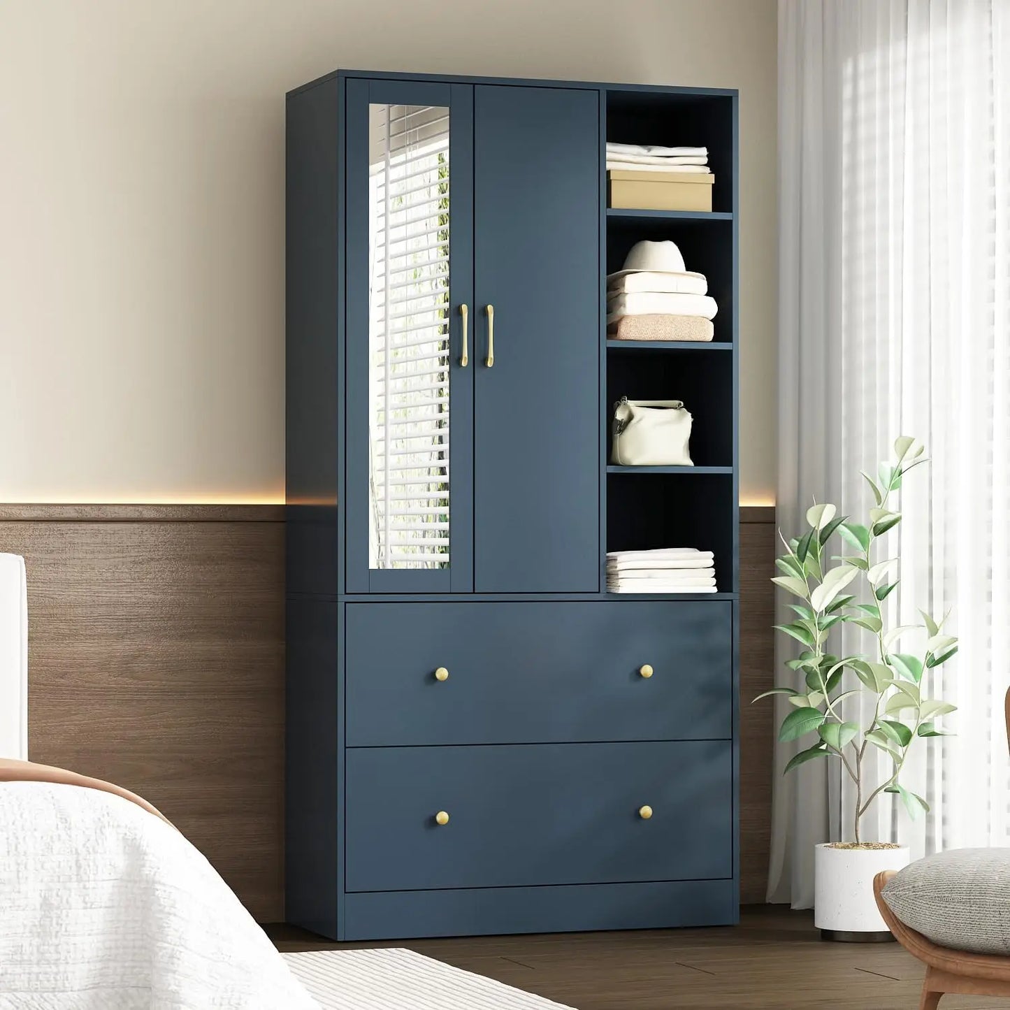 Wooden Wardrobe with Mirror and Storage Cabinets
