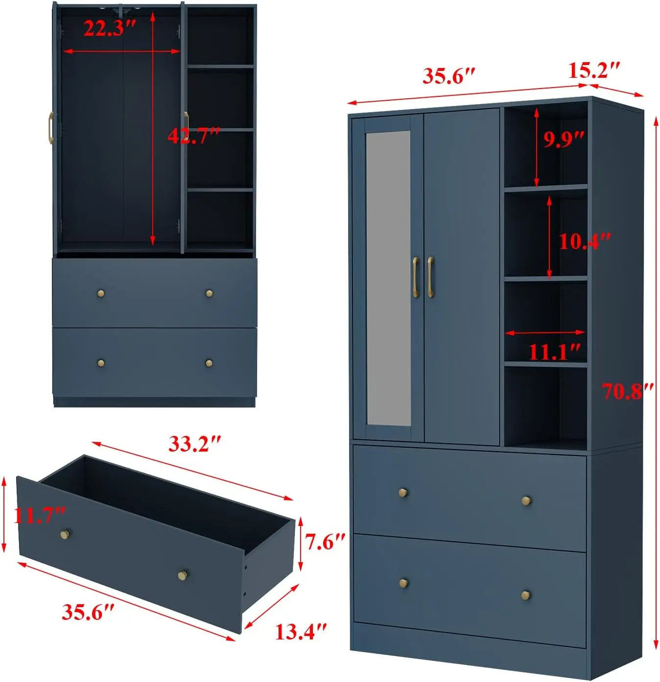 Wooden Wardrobe with Mirror and Storage Cabinets
