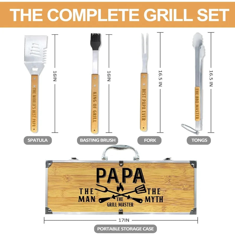 Papa Gifts from Grandkids Gift for Papa Fathers Day Heavy Duty Wooden BBQ Grilling Accessories Kit for Backyard Thick Stainless