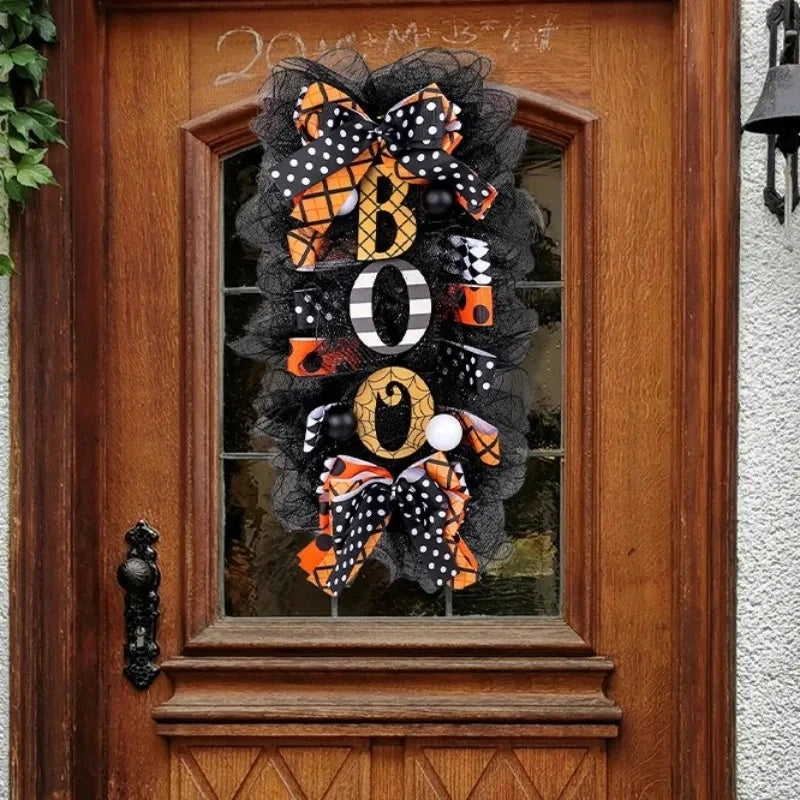 Halloween Wreath Garland Door Hanging Decoration  BOO Doorplate Pumpkin Pendant Home Party Supplies for Porch Yard