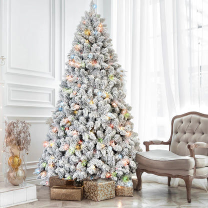 Makeatree 6/7ft Pre-Lit Snow Flocked PVC Mixed Artificial Christmas Tree with Multi-Colored Lights Bodied Xmas Tree for Holiday