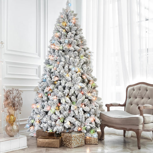 Makeatree 6/7ft Pre-Lit Snow Flocked PVC Mixed Artificial Christmas Tree with Multi-Colored Lights Bodied Xmas Tree for Holiday