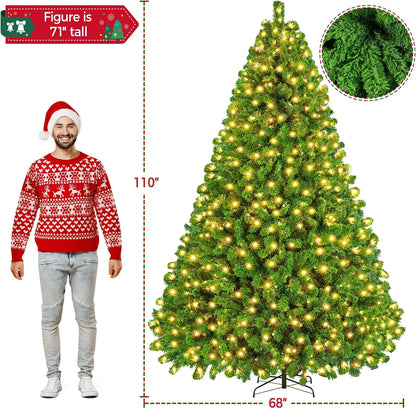 9ft Pre-lit Artificial Christmas Tree with Incandescent Warm White Lights, Snow Flocked Full Prelighted Xmas Tree