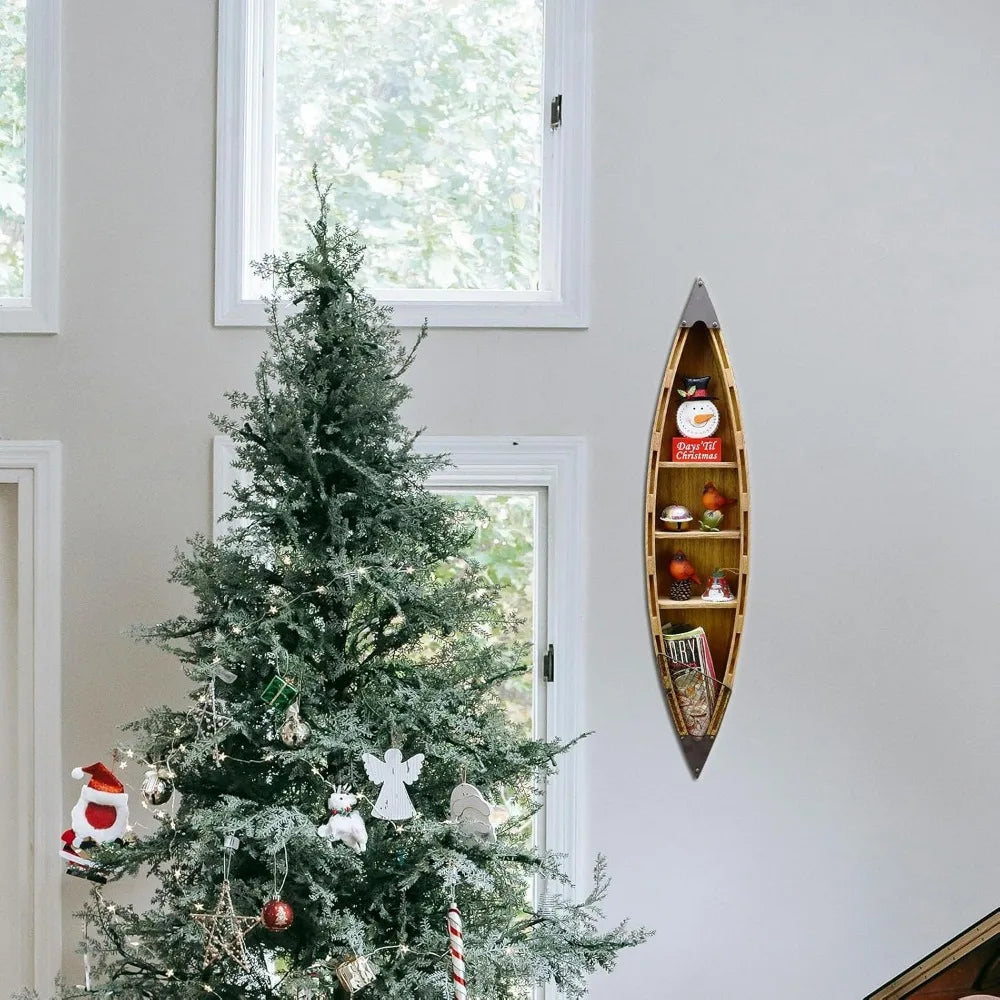 47" H Wood Boat Beach Wall Decor Display Shelf, 3 Tiers Hanging Boat Shelf Ocean Coastal Home Decor, Boat Shaped Storage Shelf D
