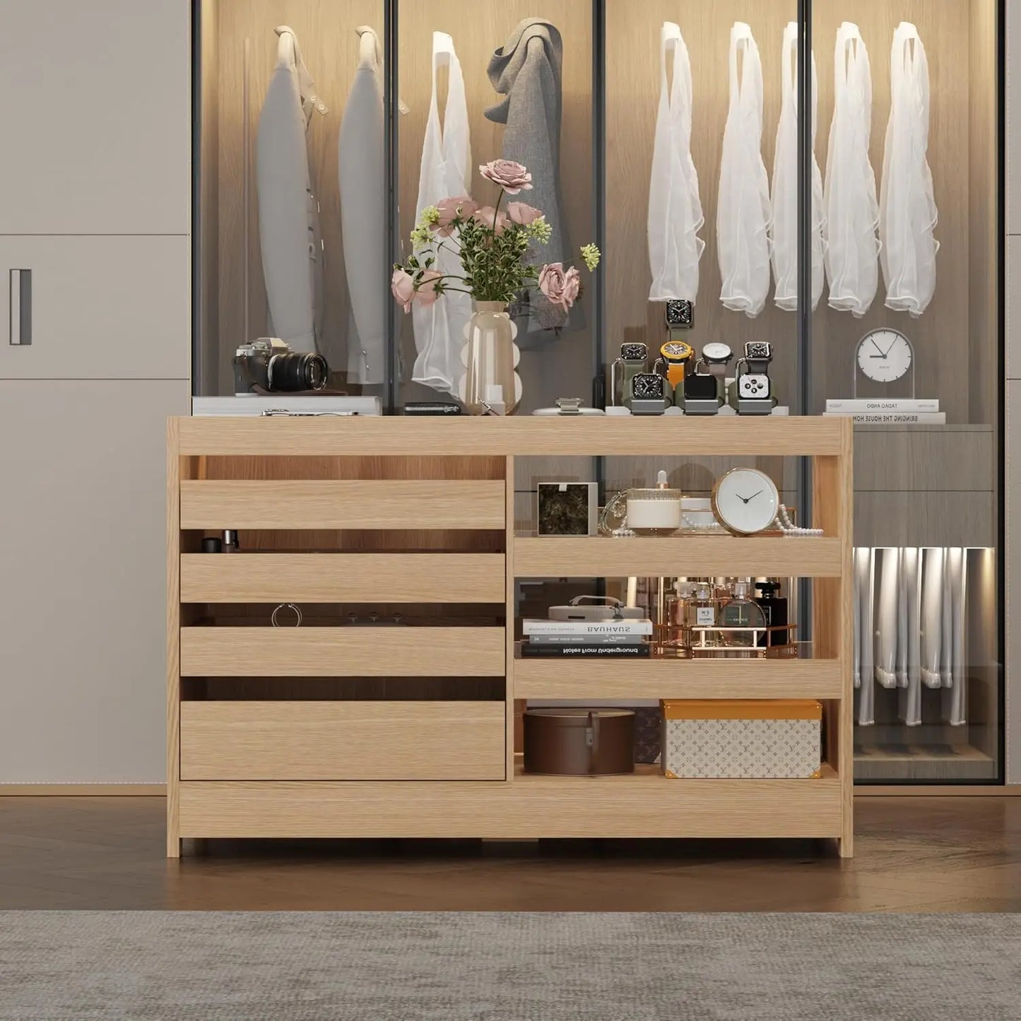 Freestanding Light Brown Armoire Island w/Glass Top