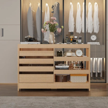 Freestanding Light Brown Armoire Island w/Glass Top