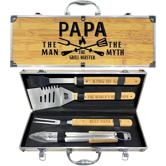 Papa Gifts from Grandkids Gift for Papa Fathers Day Heavy Duty Wooden BBQ Grilling Accessories Kit for Backyard Thick Stainless