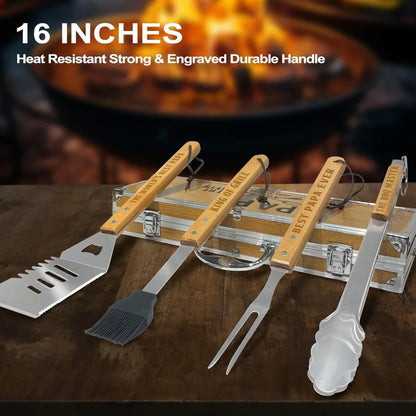 Papa Gifts from Grandkids Gift for Papa Fathers Day Heavy Duty Wooden BBQ Grilling Accessories Kit for Backyard Thick Stainless