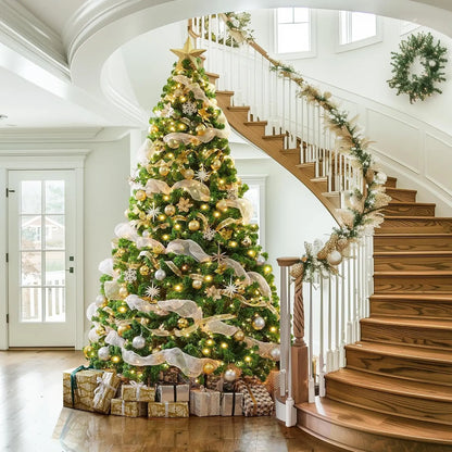 9ft Pre-lit Artificial Christmas Tree with Incandescent Warm White Lights, Snow Flocked Full Prelighted Xmas Tree
