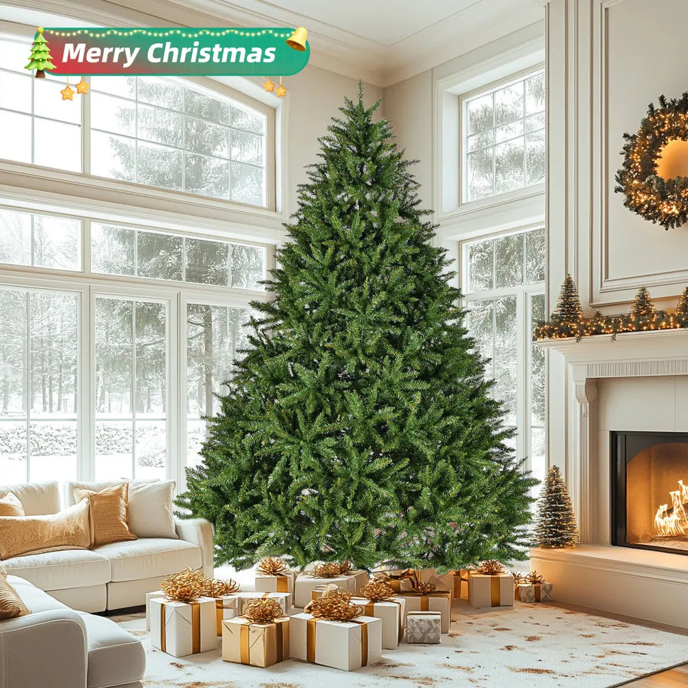 9ft Unlit Hinged Christmas Tree, 3655 Tips, Metal Stand, Easy Assembly. Ideal for Festivals.