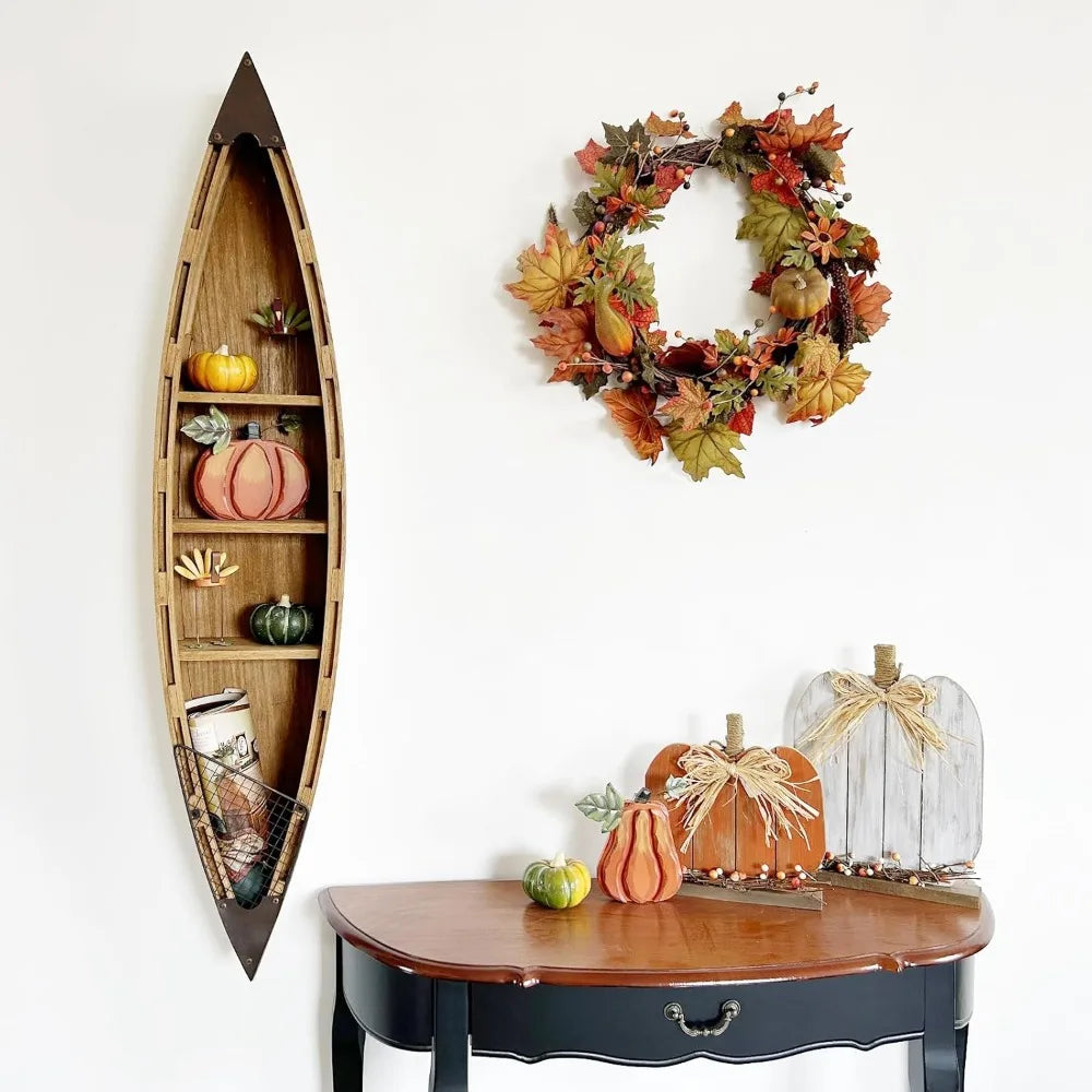47" H Wood Boat Beach Wall Decor Display Shelf, 3 Tiers Hanging Boat Shelf Ocean Coastal Home Decor, Boat Shaped Storage Shelf D