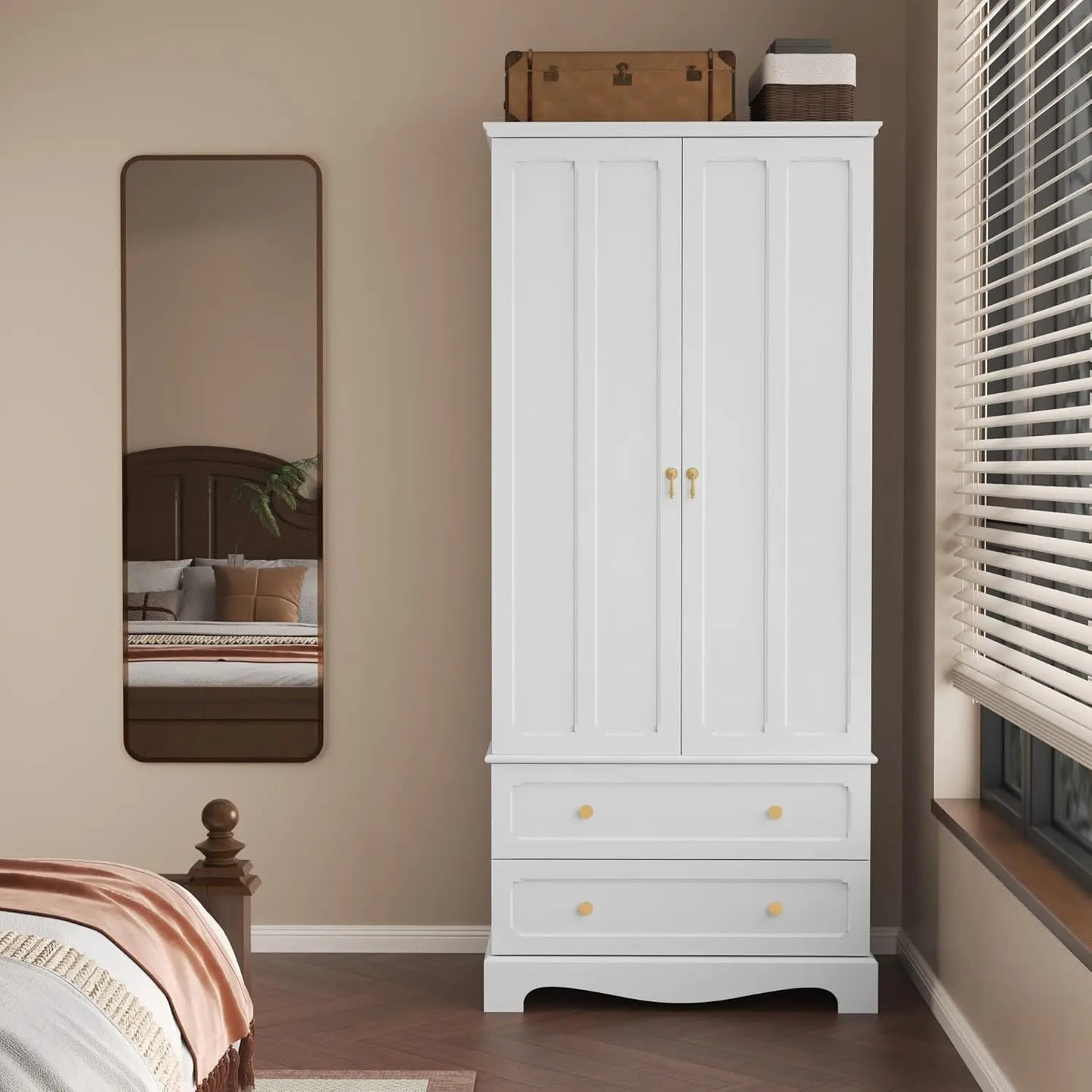 71.8" White Vintage Wood Wardrobe Doors & Drawers