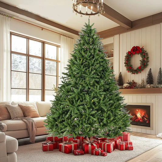 9ft Unlit Hinged Christmas Tree, 3655 Tips, Metal Stand, Easy Assembly. Ideal for Festivals.