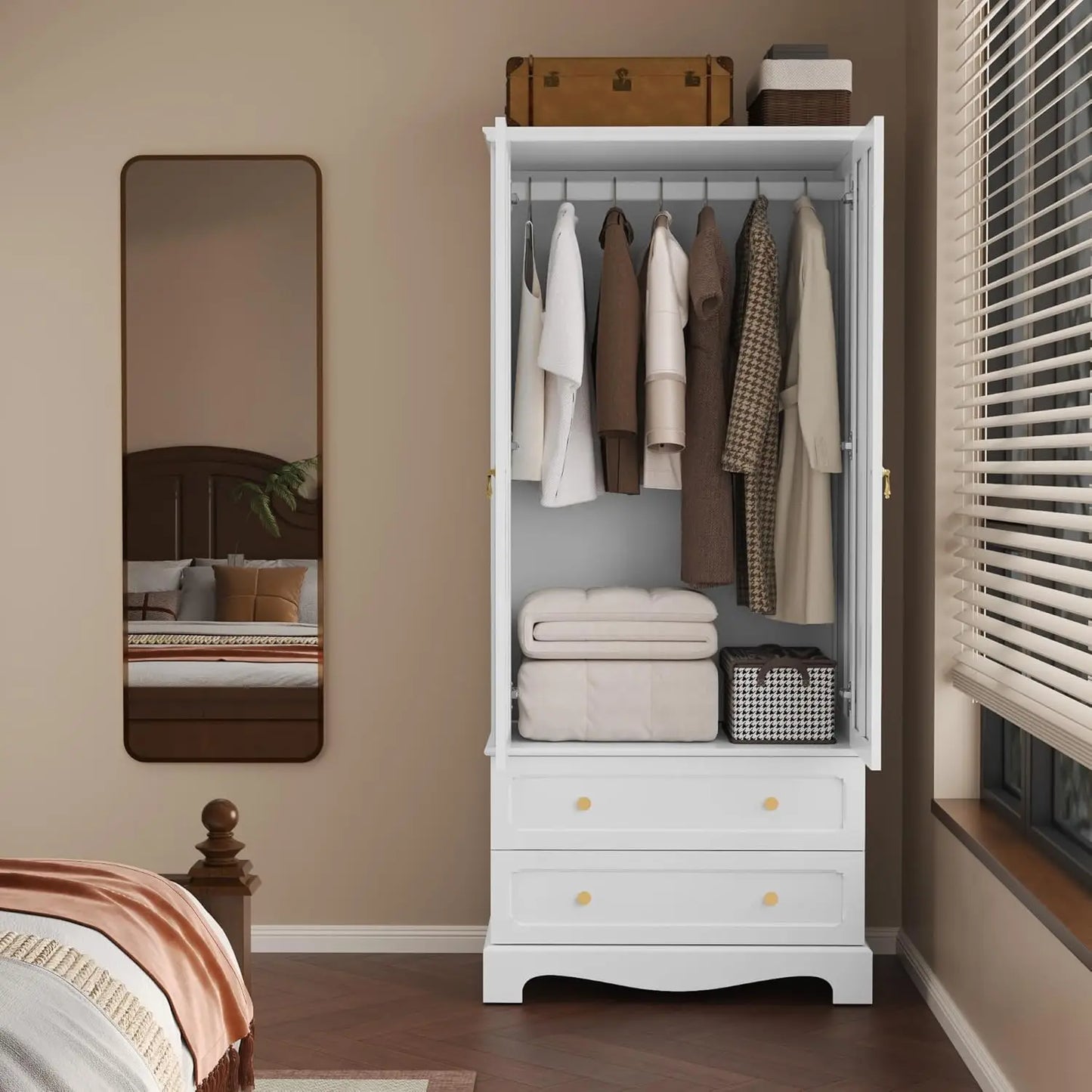 71.8" White Vintage Wood Wardrobe Doors & Drawers