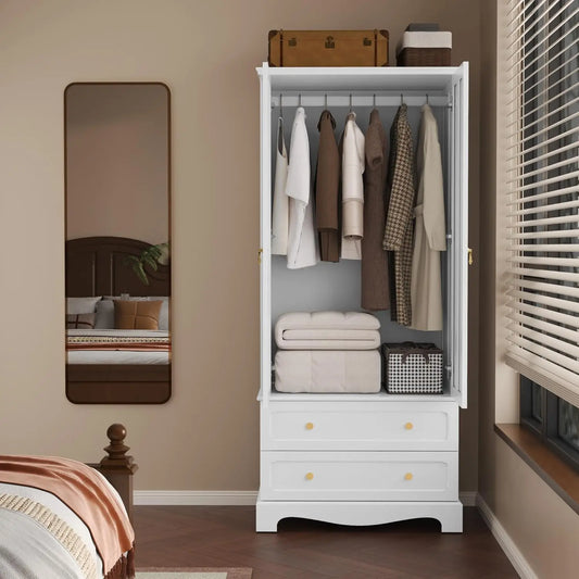 71.8" White Vintage Wood Wardrobe Doors & Drawers