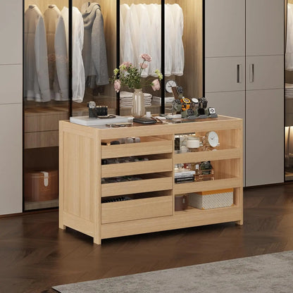 Freestanding Light Brown Armoire Island w/Glass Top