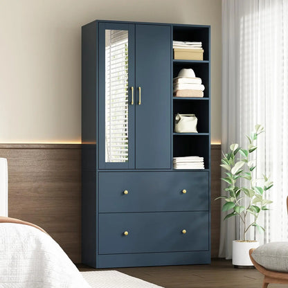 Wooden Wardrobe with Mirror and Storage Cabinets