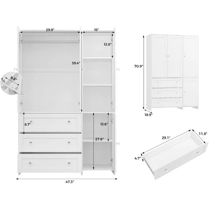 71" Wardrobe Closet with Drawers and Mirror