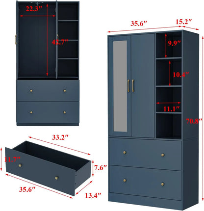 Wooden Wardrobe with Mirror and Storage Cabinets