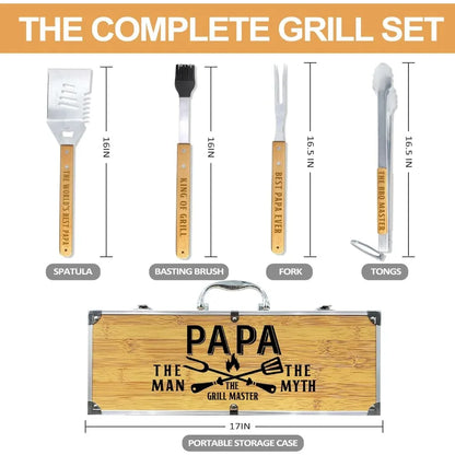 Papa Gifts from Grandkids Gift for Papa Fathers Day Heavy Duty Wooden BBQ Grilling Accessories Kit for Backyard Thick Stainless