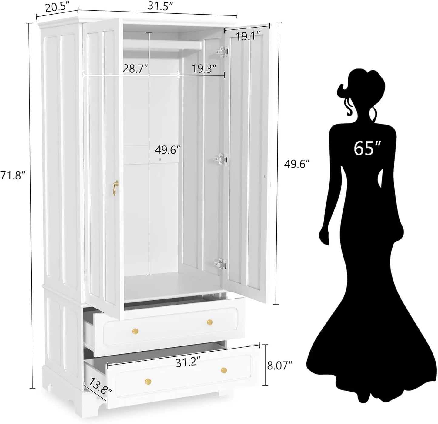 71.8" White Vintage Wood Wardrobe Doors & Drawers