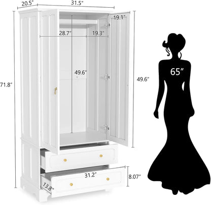 71.8" White Vintage Wood Wardrobe Doors & Drawers