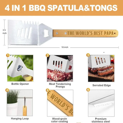Papa Gifts from Grandkids Gift for Papa Fathers Day Heavy Duty Wooden BBQ Grilling Accessories Kit for Backyard Thick Stainless