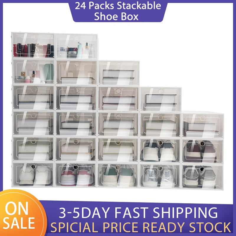 24 Packs Stackable Plastic Foldable Shoe Box