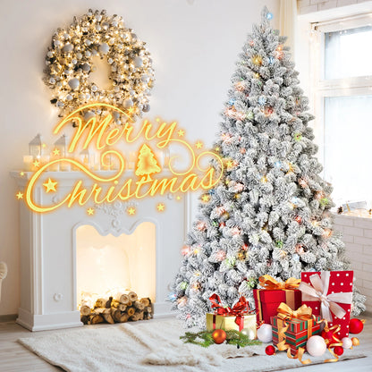 Makeatree 6/7ft Pre-Lit Snow Flocked PVC Mixed Artificial Christmas Tree with Multi-Colored Lights Bodied Xmas Tree for Holiday