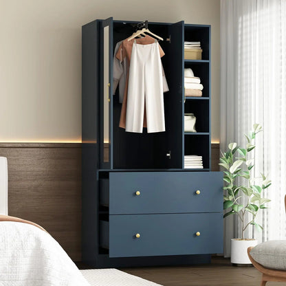 Wooden Wardrobe with Mirror and Storage Cabinets