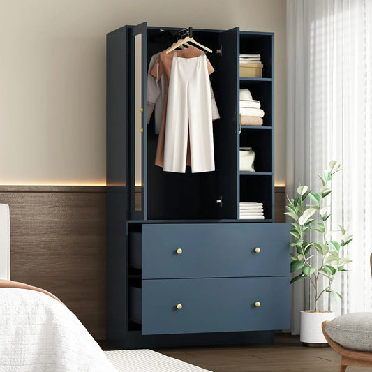 Wooden Wardrobe with Mirror and Storage Cabinets