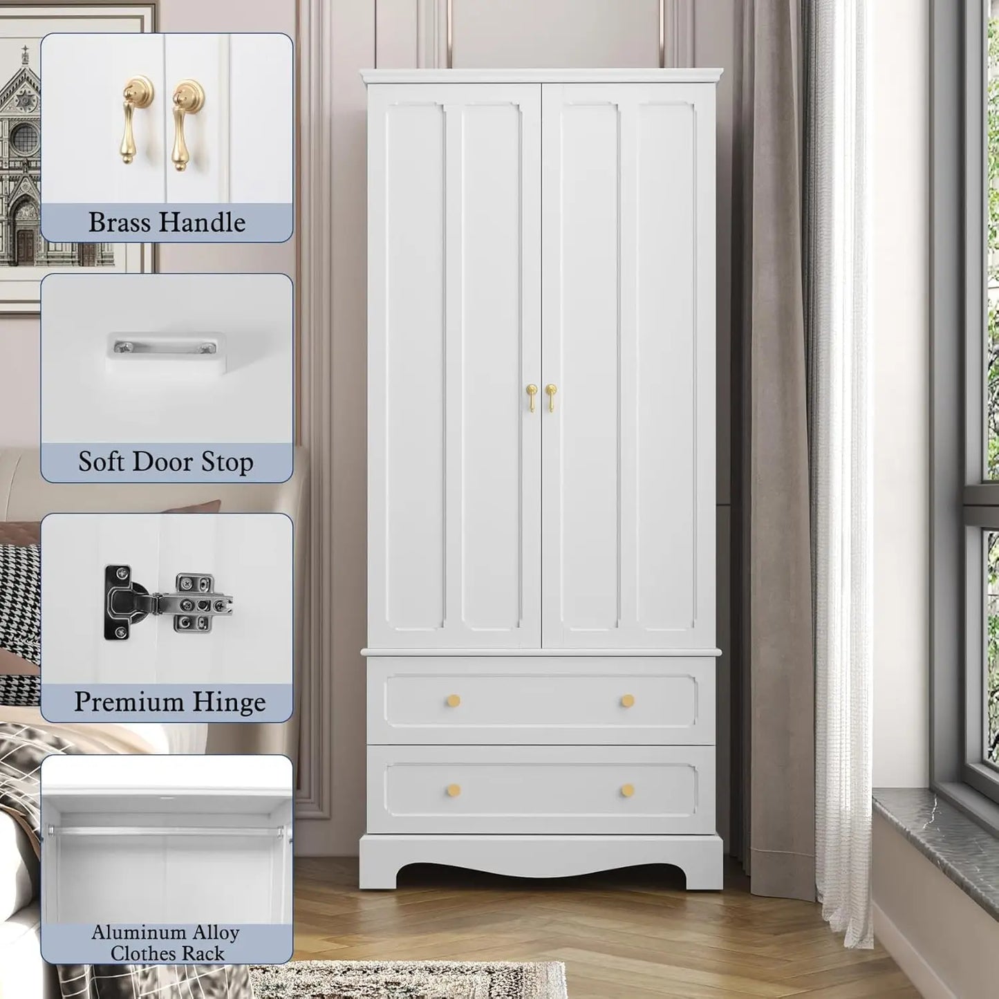 71.8" White Vintage Wood Wardrobe Doors & Drawers
