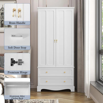71.8" White Vintage Wood Wardrobe Doors & Drawers
