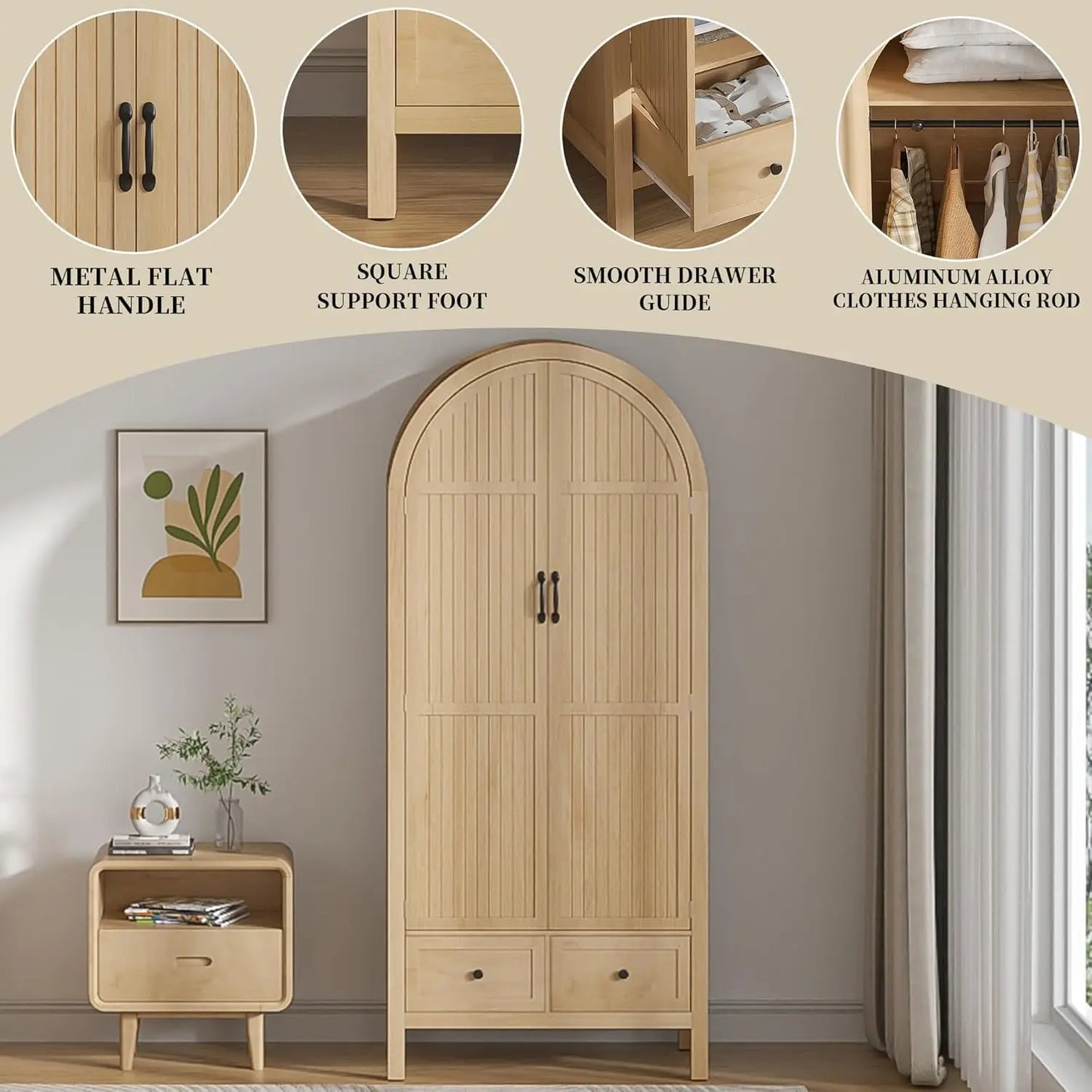 70.87'' Wood Armoire w/2 Arched Fluted Doors