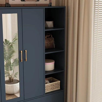 Wooden Wardrobe with Mirror and Storage Cabinets