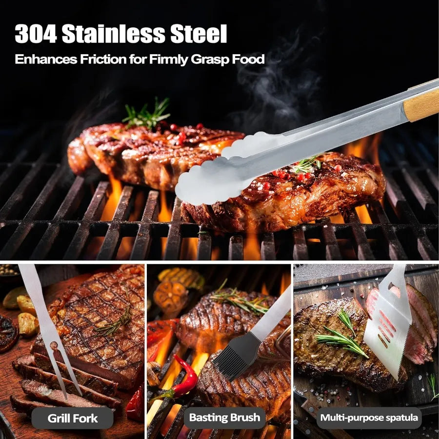 Papa Gifts from Grandkids Gift for Papa Fathers Day Heavy Duty Wooden BBQ Grilling Accessories Kit for Backyard Thick Stainless