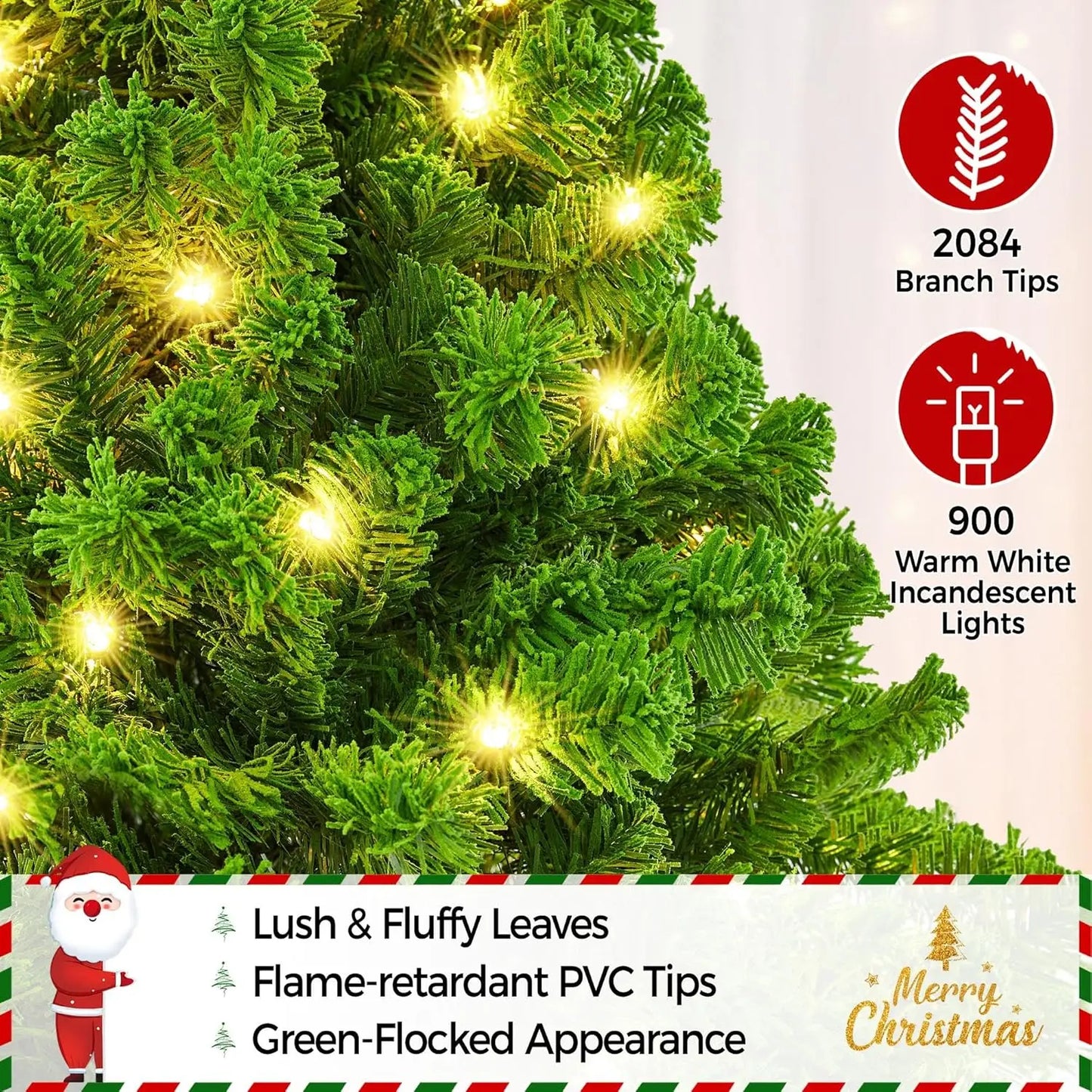 9ft Pre-lit Artificial Christmas Tree with Incandescent Warm White Lights, Snow Flocked Full Prelighted Xmas Tree